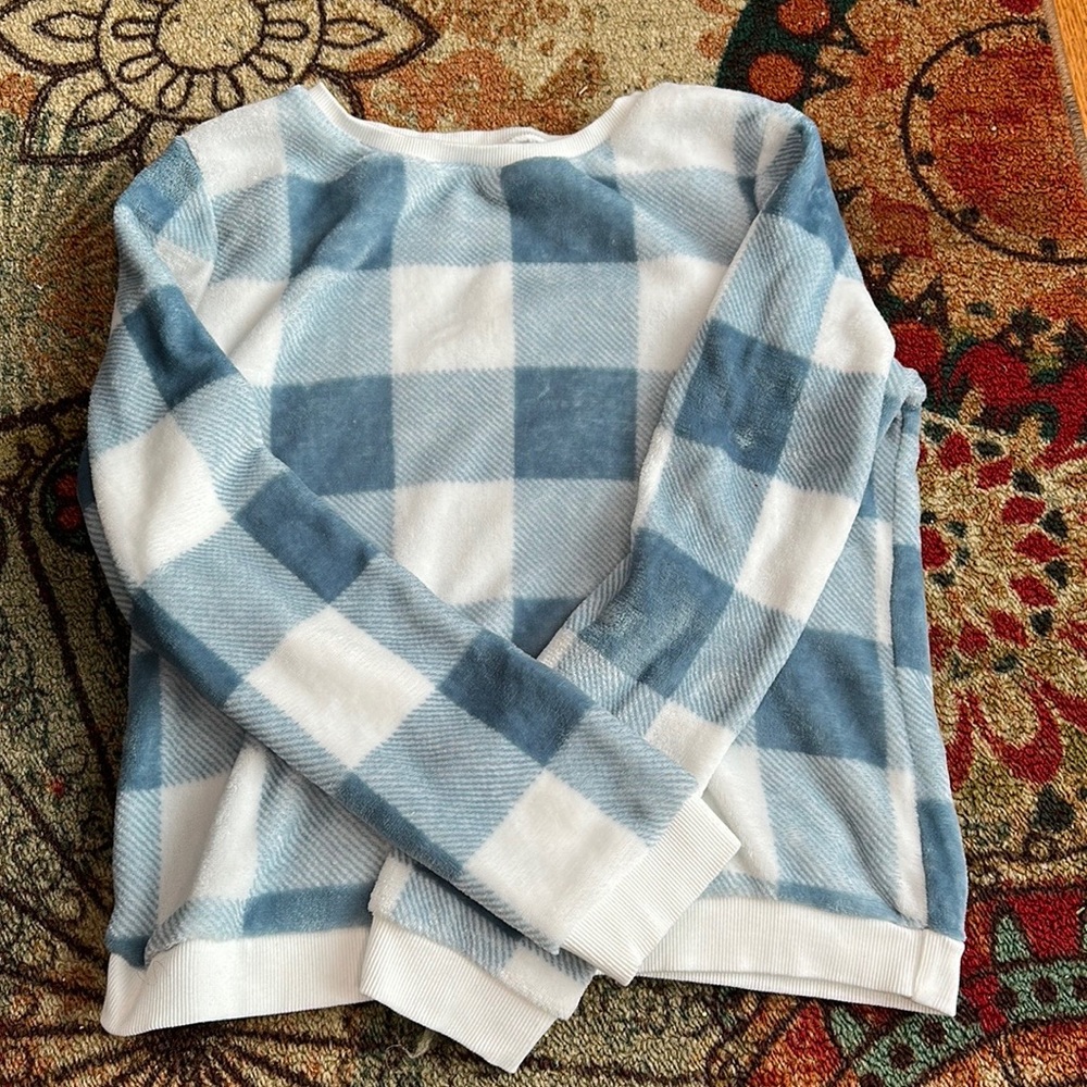 Shein Buffalo Plaid Plannel Soft White and Blue Womens Fleece Pajamas Size Large